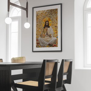 May include: A framed print of a religious painting depicting Jesus Christ sitting on a throne of flowers. The painting is set against a gold background with a halo around Jesus' head.