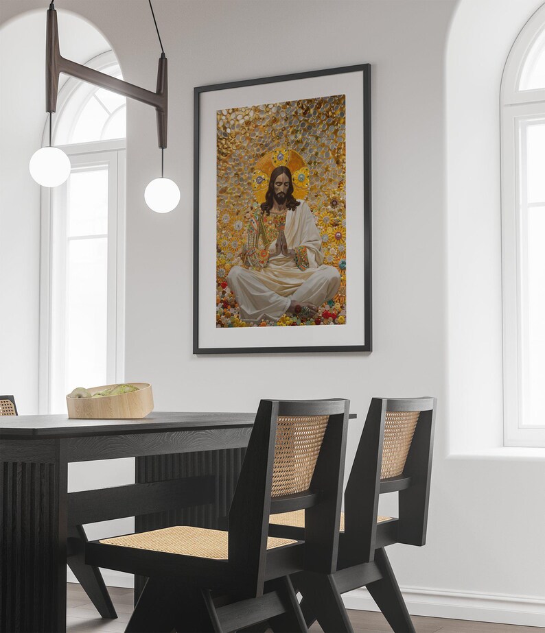 May include: A framed print of a religious painting depicting Jesus Christ sitting on a throne of flowers. The painting is set against a gold background with a halo around Jesus' head.