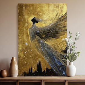 May include: A black silhouette of a woman with wings against a gold background with glitter. The woman is wearing a flowing gown and has her head tilted back. The background is a textured gold with a hint of blue.