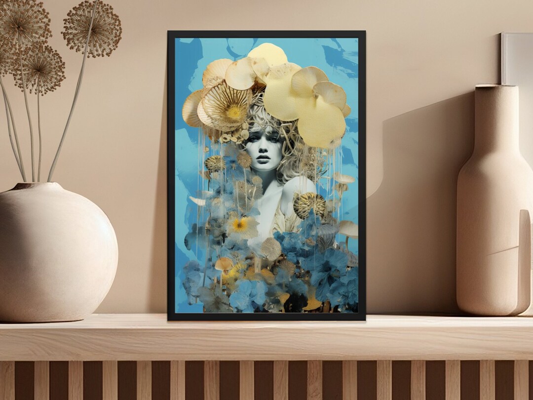 Abstract Floral Woman Art Print, Surreal Blue and Gold Wall Decor ...