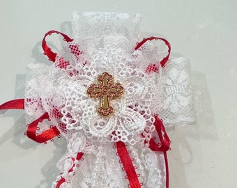 Wedding Armband, Lace Cross, Red and White Ribbon, Tie On