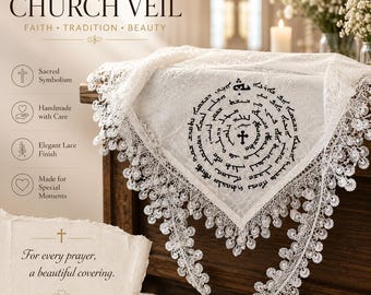 Women’s Lace Church Veil with Glittered Lord’s Prayer Iron-On – Available in White or Black