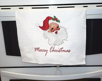 Embroidered Santa Christmas Kitchen Towel, Holiday Decoration