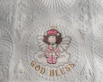 Embroidered Angel Baby Blanket, Quilted Nursery Decor