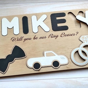 Cadeau de proposition pour porteur de l'anneau, Serez-vous notre bague de sécurité, Puzzle personnalisé avec nom en bois