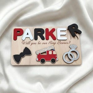 Ring bearer Fire truck Fire engine Gift proposal, Will you be my our Ring Bearer Page Boy Ring Security, Personalized name puzzle
