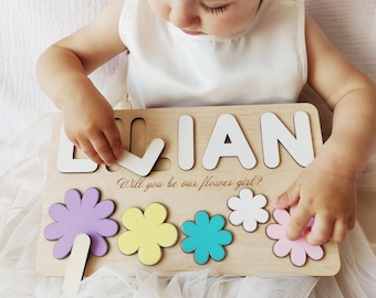 Will you be my / our Flower Girl  - Baby toddler proposal gift - Personalized wooden name puzzle