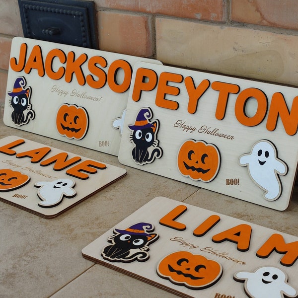 Baby toddler kid Halloween toy Wooden name puzzle with black cat, ghost and pumpkin