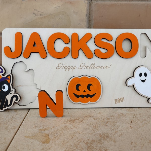 Jouet d’Halloween pour bébé tout-petit, puzzle de nom en bois personnalisé avec un chat noir, un fantôme et une citrouille, Mon premier 1er 2e 3e Halloween