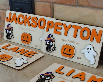 Baby toddler kid Halloween toy Wooden name puzzle with black cat, ghost and pumpkin