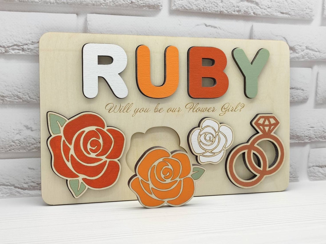 Flower girl proposal gift Personalized name puzzle Will you be Terracotta Rust Sage