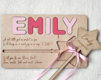 Will you be my our Flower Girl proposal wand Personalized gift Wooden name puzzle