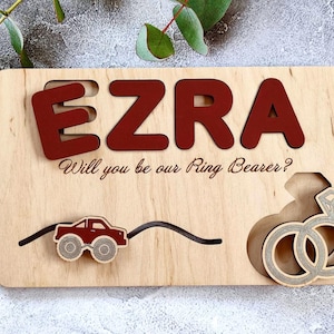 Ringträger Puzzle-Vorschlag Will you be my/unser Ring Sicherheitskissen Junge Baby personalisiertes Namensschild aus Holz