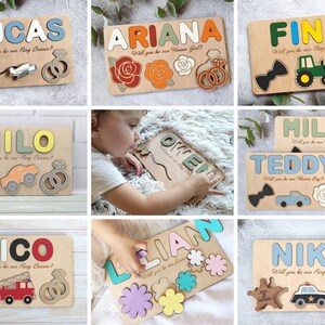 May include: Wooden puzzle pieces with names like Lucas, Ariana, Finn, Milo, Nico, Lillian, Miles, Teddy, and Niko. Each puzzle piece has a different design, such as a bow tie, a car, a flower, or a ring. The text on the puzzle pieces says "Will you be our Ring Bearer?" or "Will you be our Flower Girl?"
