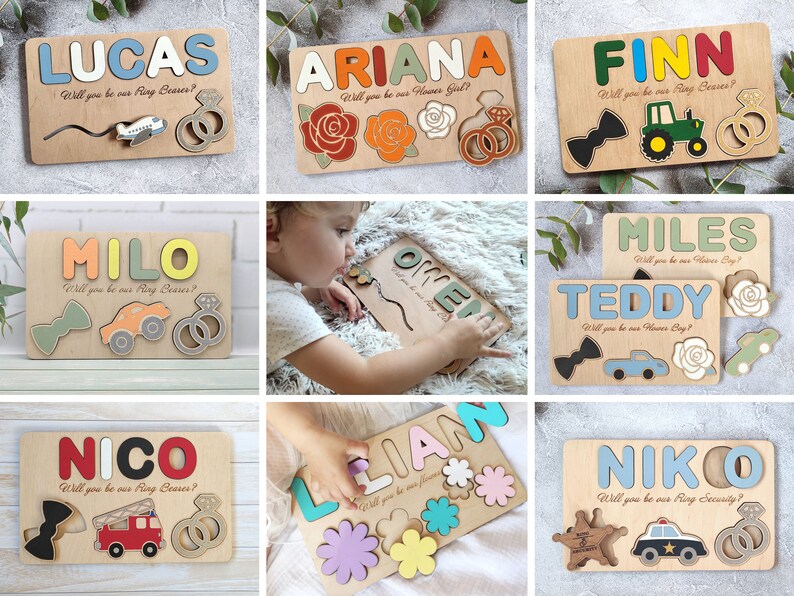May include: Wooden puzzle pieces with names like Lucas, Ariana, Finn, Milo, Nico, Lillian, Miles, Teddy, and Niko. Each puzzle piece has a different design, such as a bow tie, a car, a flower, or a ring. The text on the puzzle pieces says "Will you be our Ring Bearer?" or "Will you be our Flower Girl?"