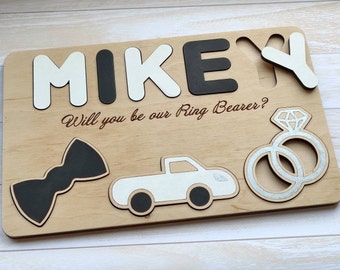 Ring bearer proposal gift Will you be our ring security Personalized name wood puzzle