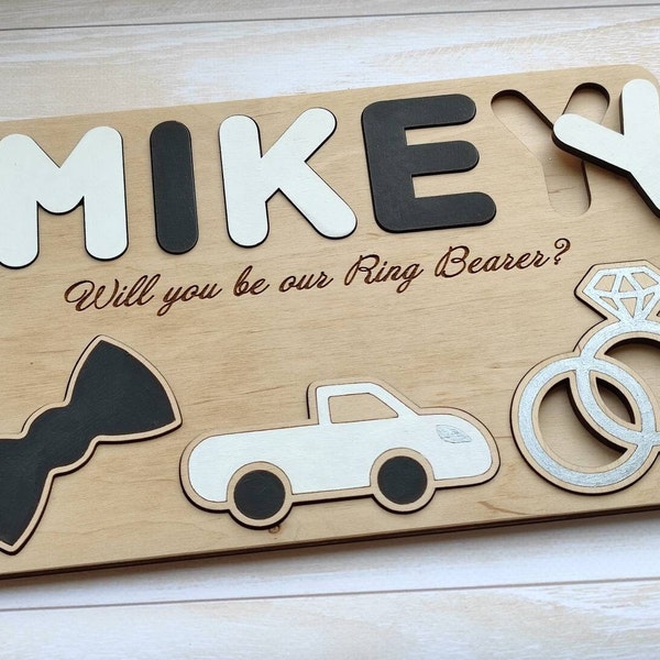 Ring bearer proposal gift Will you be our ring security Personalized name wood puzzle