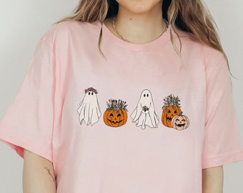 ハロウィンシャツ、ハロウィンTシャツ、花柄ゴーストシャツ、花柄ゴーストシャツ、レディース秋シャツ、パンプキンシャツ、トリックオアトリートシャツ