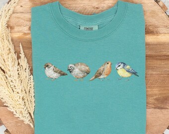 コンフォートカラーの鳥シャツ、水彩鳥シャツ、鳥好きのシャツ、自然好きのギフト、鳥Tシャツ、動物好きのギフト、夏用シャツ