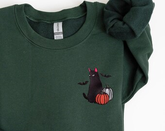 Embroidered Halloween Sweatshirt, Black Cat Sweatshirt, Cat Sweater, Fall Sweatshirt, Halloween Crewneck, Pumpkin Shirt, Spooky Season