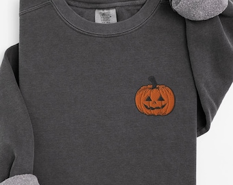 May include: Dark gray sweatshirt with a small embroidered orange pumpkin on the front. The sweatshirt has a crew neck and long sleeves with gray cuffs. A casual, comfortable top for the fall season.