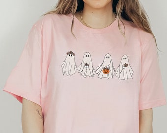 ハロウィンシャツ、ハロウィンTシャツ、花柄ゴーストシャツ、花柄ゴーストシャツ、レディース秋シャツ、パンプキンシャツ、トリックオアトリートシャツ