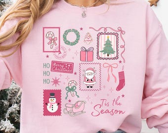 Pink Christmas Sweatshirt, Tis The Season Shirt, Cute Holiday Sweater, Candy Cane Bow, Santa Tee, Winter Crewneck, Pink Christmas Sweater