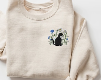 Embroidered Cat Sweatshirt, Cat Crewneck Sweatshirt, Cat Sweater, Black Cat Shirt, Gift for Cat Lover, Cat Mom Sweatshirt, Floral Cat Shirt