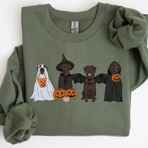 May include: A green sweatshirt with a graphic of four dogs dressed in Halloween costumes. The dogs are dressed as a ghost, a witch, a vampire, and a werewolf. The sweatshirt has the text "EMMA & ANNA" printed on the bottom.