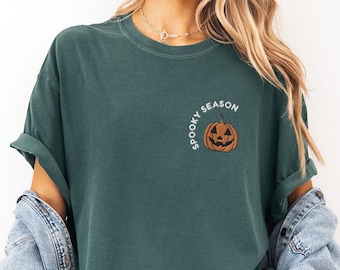 Geborduurd Halloween-shirt, comfortabel kleuren pompoenshirt, herfst damesshirts, Jack-o-Lantern shirt, Spooky Season-shirt, T-shirt pompoen