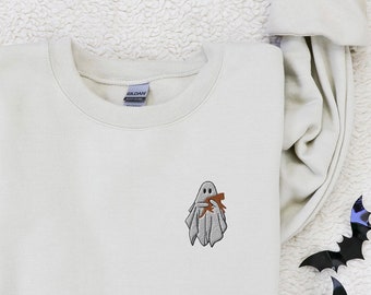Embroidered Ghost Sweatshirt, Halloween Sweatshirt, Orange Cat, Fall Sweatshirt for Women, Halloween Crewneck, Ghost Shirt, Spooky Season