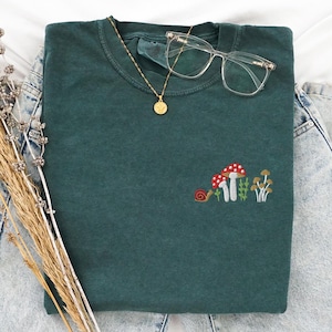 Embroidered Mushroom Shirt, Magic Mushrooms Embroidered T-Shirt, Nature Lover Shirt, Floral Botanical tshirt, Cottage Core Wild Mushrooms