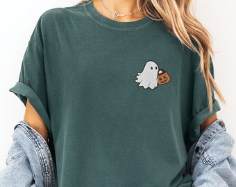 Broderad spökskjorta, Halloweenskjorta i bekväma färger, broderad höstskjorta för kvinnor, Halloween-tröja med rund hals, spökskjorta, läskig säsong