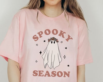 ハロウィンシャツ、ハロウィンTシャツ、花柄ゴーストシャツ、花柄ゴーストシャツ、レディース秋シャツ、パンプキンシャツ、トリックオアトリートシャツ