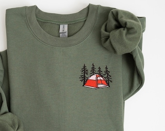Sweat-shirt de camping brodé, sweat-shirt Happy Camper, cadeau amoureux de la nature, sweat-shirt feu de camp, chemise de randonnée, chemise d’aventure amateur de camping