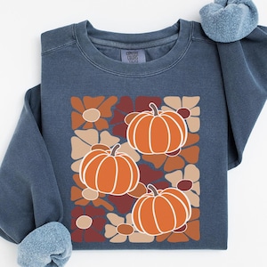 Floral Kürbis Sweatshirt, Herbst Rundhalsausschnitt für Frauen, Kuscheliger Herbst Pullover, Kürbis Patch Shirt, Thanksgiving, süße Herbst Ästhetik
