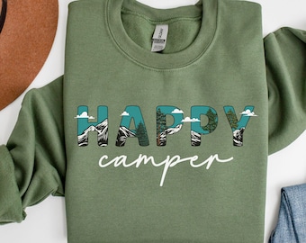 Bluza Happy Camper, Bluza kempingowa, Bluza turystyczna, Sweter górski, Damska koszulka kempingowa, Prezenty kempingowe, Prezent dla miłośnika przyrody