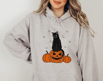 Moletom com capuz de Halloween, moletom com capuz de gato preto, pulôver de Halloween, suéter de Halloween, temporada assustadora, moletons gráficos, roupas de Halloween