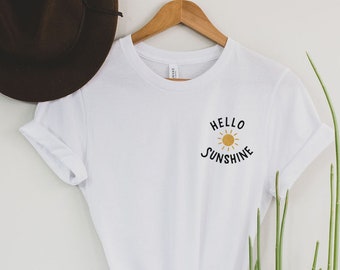 Hello Sunshine Shirt, Cute Shirt for Women, Sunshine Pocket T Shirt, Sun Shirt, Beach Shirt, Vacation Shirt, Summer Shirt