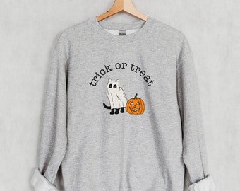 Halloween Crewneck Sweatshirt, Trick or Treat Shirt, Black Cat Sweatshirt, Ghost Sweatshirt, Halloween Sweater, Jack-o-Lantern Sweatshirt