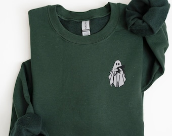Embroidered Ghost Sweatshirt, Halloween Sweatshirt, Black Cat, Fall Sweatshirt for Women, Halloween Crewneck, Ghost Shirt, Spooky Season