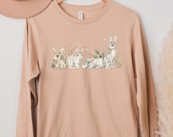 Easter Shirt, Rabbit Shirt, Bunny Shirt, Rabbit Lover Gift, Long Sleeve Easter Shirt, Floral Rabbit Shirt, Spring Shirt, Womens Easter Shirt