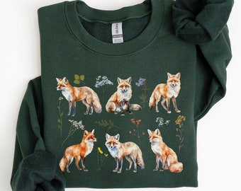 Sudadera Cottagecore Floral Fox, sudadera vintage del bosque, jersey Forestcore, suéter de animales del bosque, camisa de vida silvestre, regalo amante del zorro