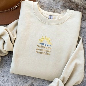 Embroidered Beach Sweatshirt, Saltwater Seashells Sunshine Shirt, Womens Summer Shirt, Beach Shirt, Sun Shirt, Summer Trip, Vacation Shirt