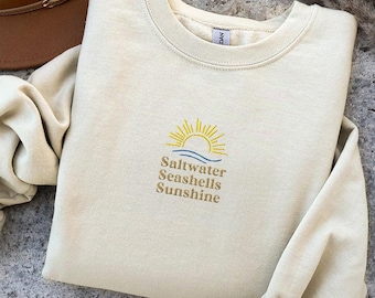 Embroidered Beach Sweatshirt, Saltwater Seashells Sunshine Shirt, Womens Summer Shirt, Beach Shirt, Sun Shirt, Summer Trip, Vacation Shirt