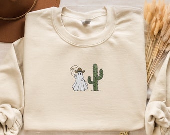 AIIWEIS Halloween Sweatshirt - Women's Western Ghost Embroidered Crewneck Pullover