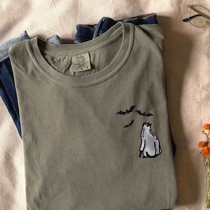 Embroidered Ghost Cat Shirt, Comfort Colors Halloween Shirt, Black Cat, Fall Shirt for Women, Halloween Crewneck, Ghost Shirt, Spooky Season