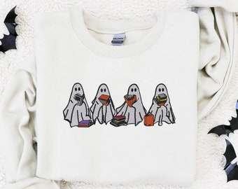 Embroidered Ghost Sweatshirt, Book Sweater, Bookish Halloween Sweatshirt, Halloween Teacher Gift, Librarian Halloween Hoodie, Ghost Crewneck
