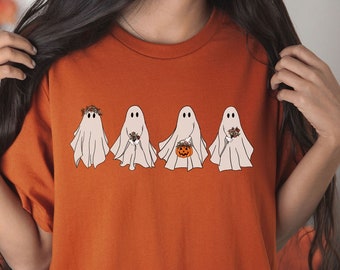 ハロウィンシャツ、ハロウィンTシャツ、花柄ゴーストシャツ、花柄ゴーストシャツ、レディース秋シャツ、パンプキンシャツ、トリックオアトリートシャツ