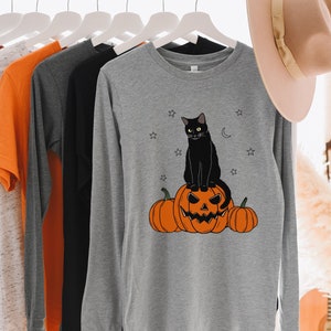 Halloween Cat Shirt, Long Sleeve Halloween Shirt, Fall Shirts for Women, Halloween Black Cat Shirt, Black Cat on Pumpkin, Pumpkin Shirt